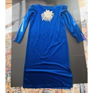 Vintage 70s 80s David Strauss Royal Blue Velvet Shift Dress 8 Bow Glam Party